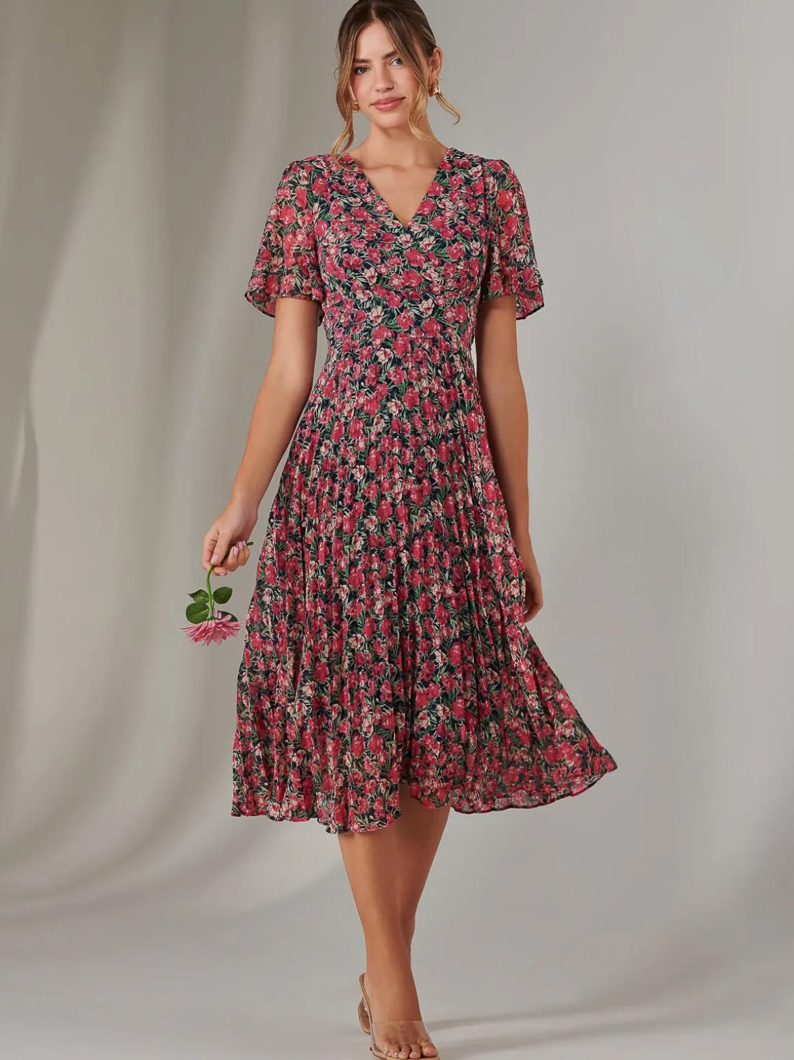 Chiffon Pleated Wrap Midaxi Dress, Pink Floral