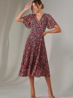 Chiffon Pleated Wrap Midaxi Dress, Pink Floral