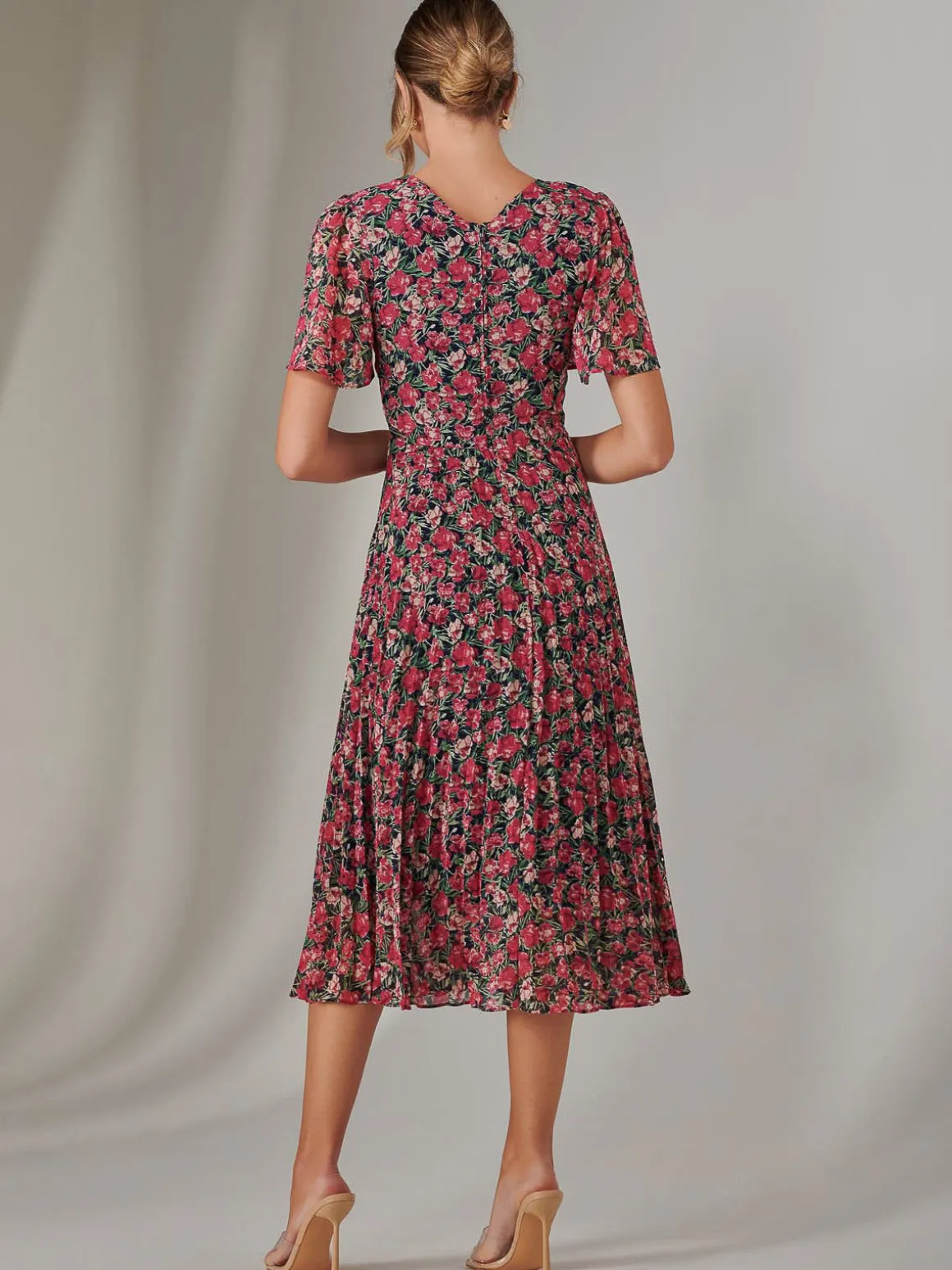 Chiffon Pleated Wrap Midaxi Dress, Pink Floral