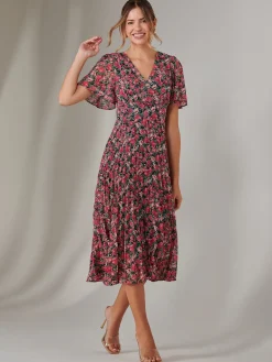 Chiffon Pleated Wrap Midaxi Dress, Pink Floral