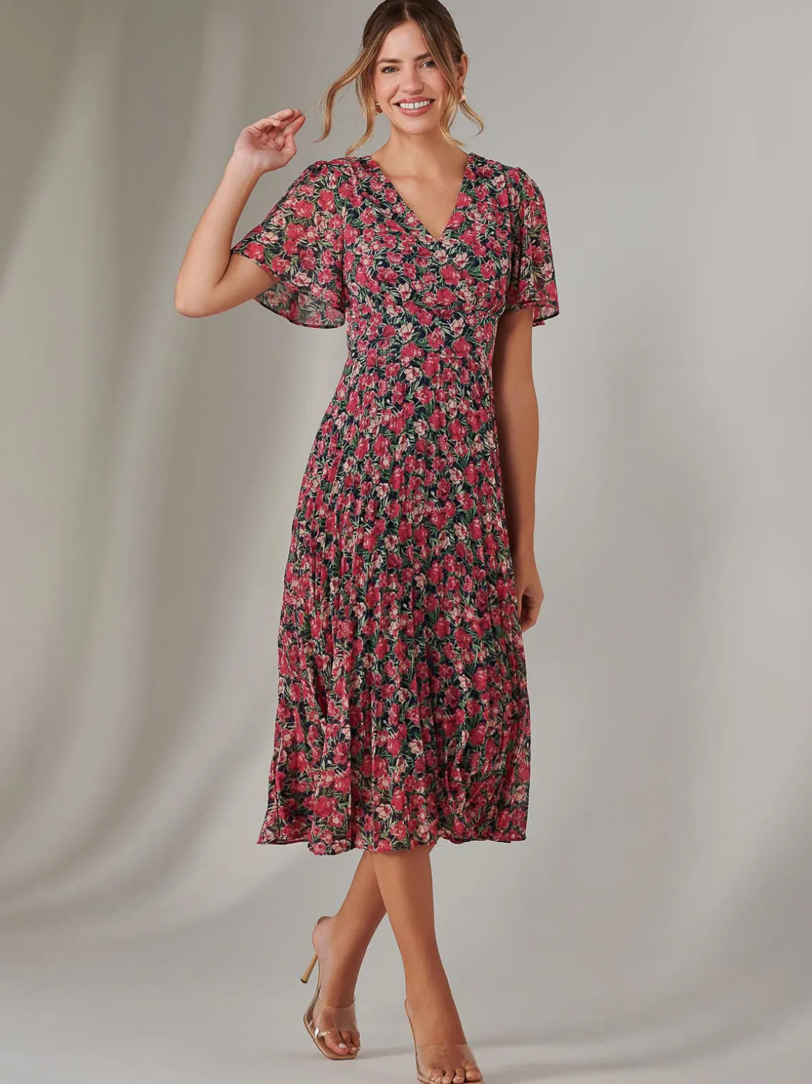 Chiffon Pleated Wrap Midaxi Dress, Pink Floral