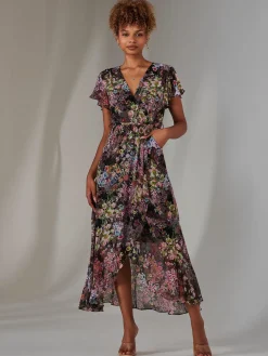 Chiffon Print Frill Dip Hem Maxi Dress, Black Floral
