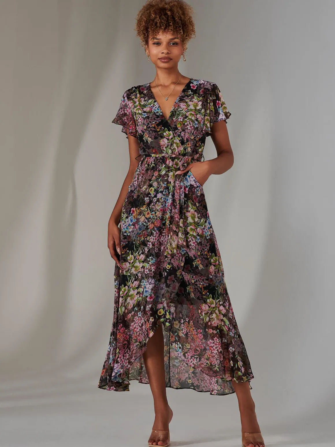 Chiffon Print Frill Dip Hem Maxi Dress, Black Floral
