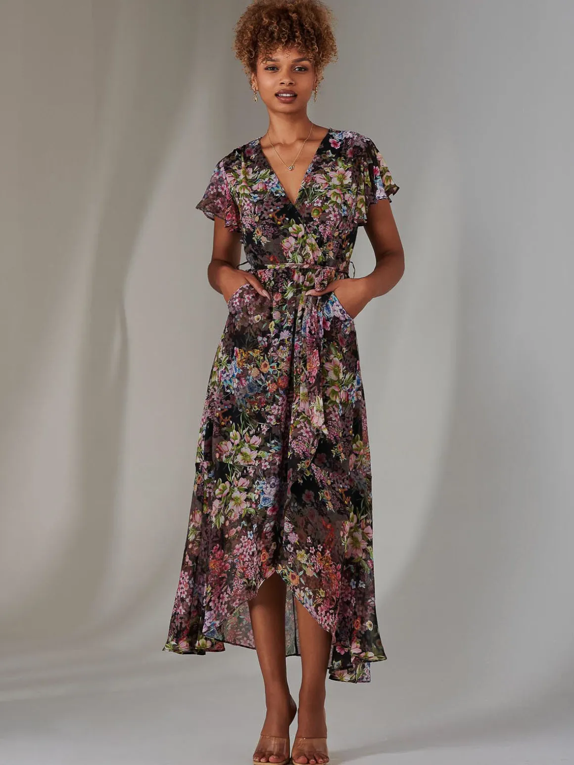 Chiffon Print Frill Dip Hem Maxi Dress, Black Floral