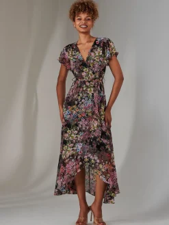 Chiffon Print Frill Dip Hem Maxi Dress, Black Floral