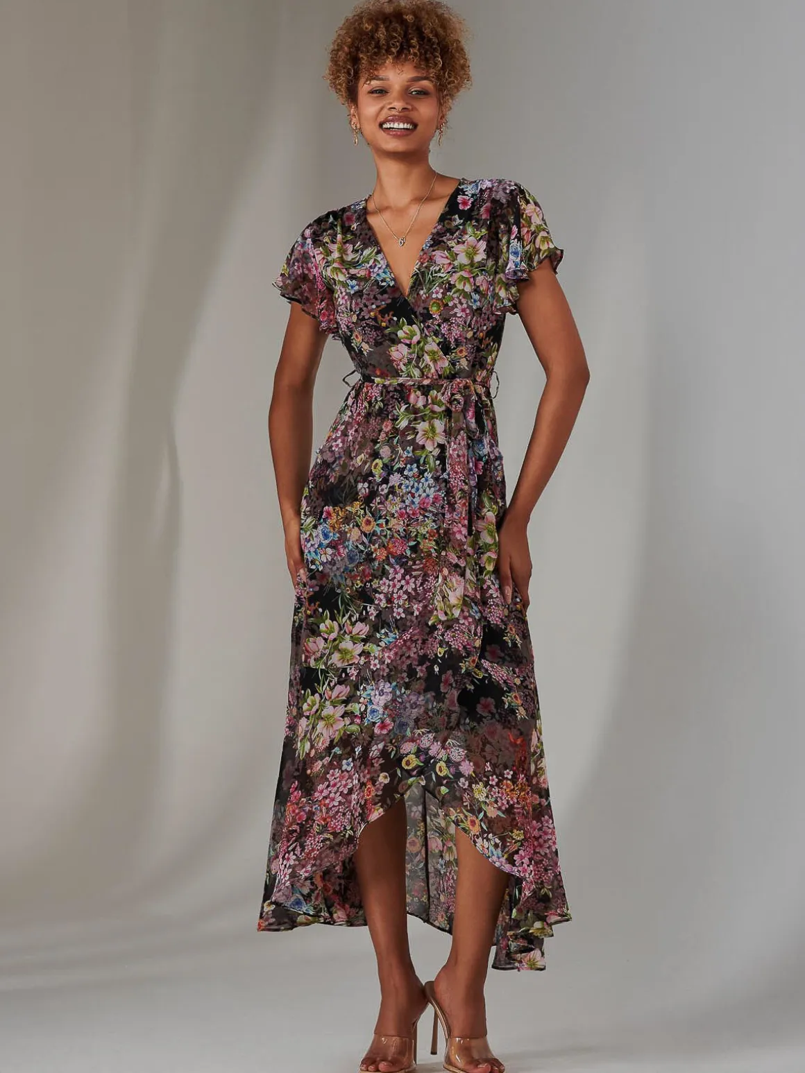 Chiffon Print Frill Dip Hem Maxi Dress, Black Floral