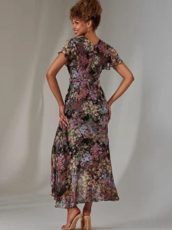 Chiffon Print Frill Dip Hem Maxi Dress, Black Floral