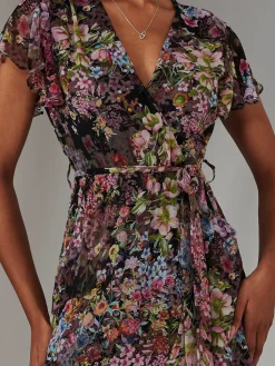 Chiffon Print Frill Dip Hem Maxi Dress, Black Floral