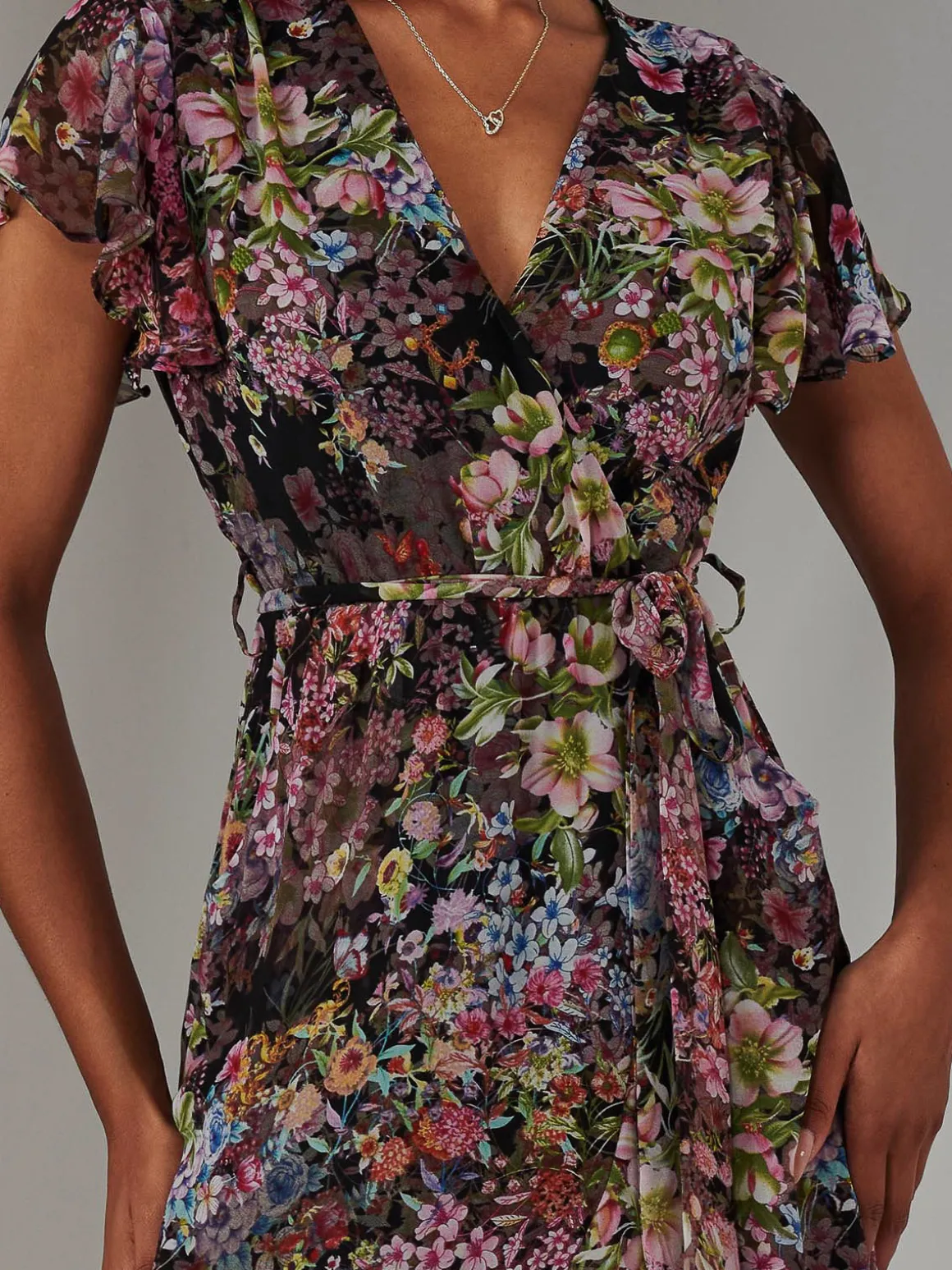 Chiffon Print Frill Dip Hem Maxi Dress, Black Floral