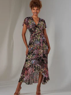 Chiffon Print Frill Dip Hem Maxi Dress, Black Floral