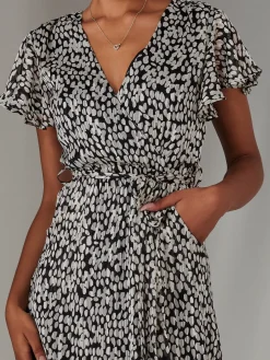 Chiffon Print Frill Dip Hem Maxi Dress, Black Spot