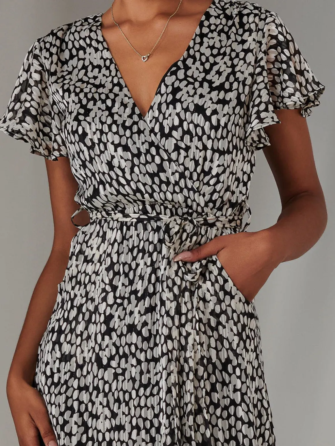 Chiffon Print Frill Dip Hem Maxi Dress, Black Spot