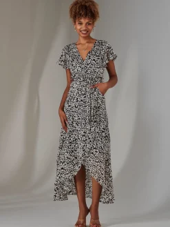 Chiffon Print Frill Dip Hem Maxi Dress, Black Spot