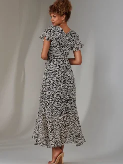 Chiffon Print Frill Dip Hem Maxi Dress, Black Spot