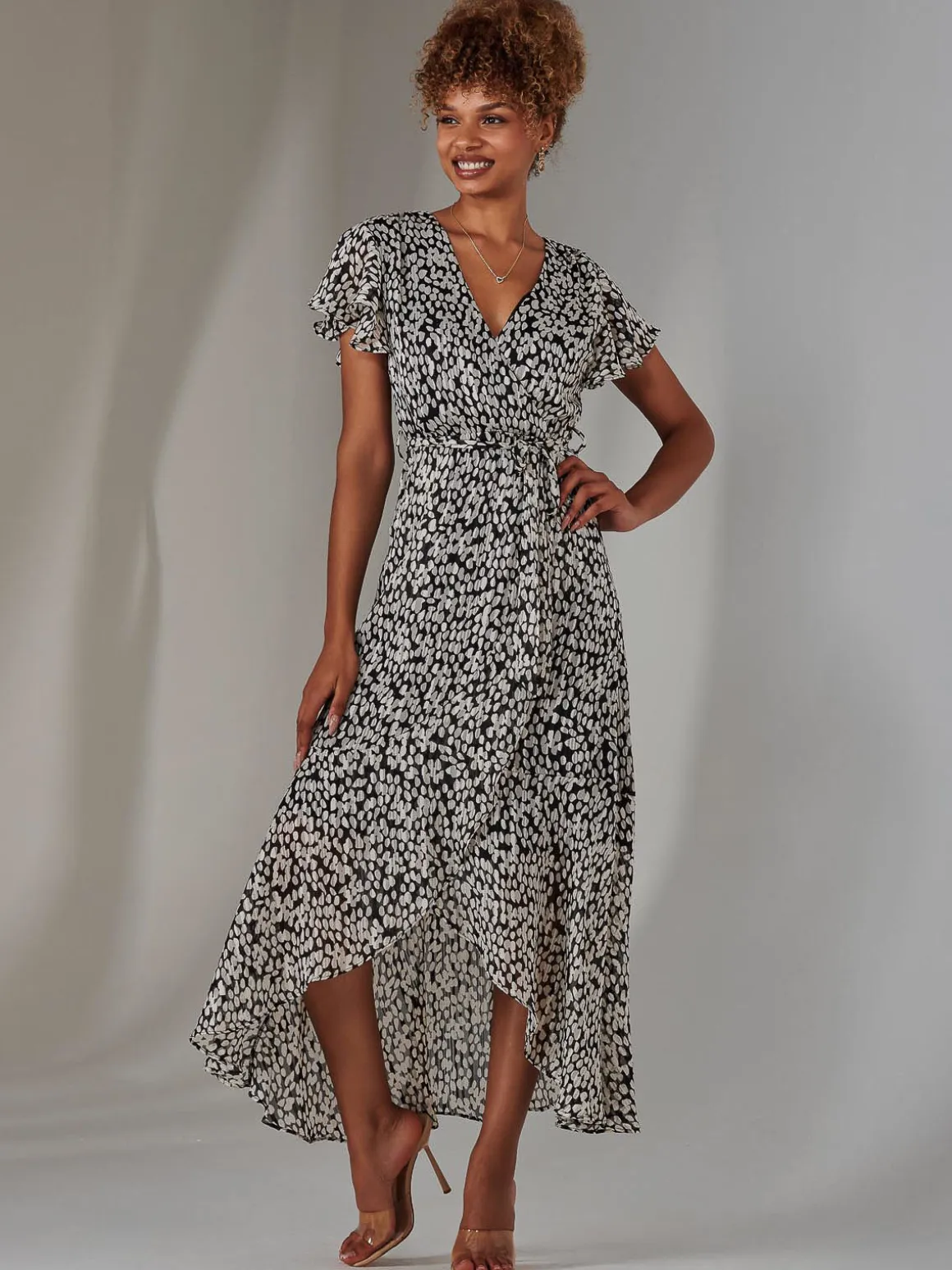 Chiffon Print Frill Dip Hem Maxi Dress, Black Spot