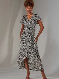 Chiffon Print Frill Dip Hem Maxi Dress, Black Spot