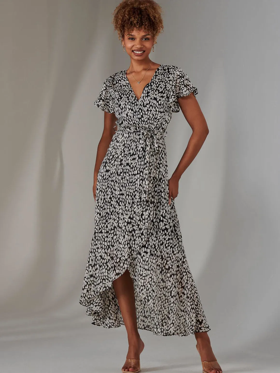Chiffon Print Frill Dip Hem Maxi Dress, Black Spot