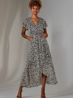 Chiffon Print Frill Dip Hem Maxi Dress, Black Spot