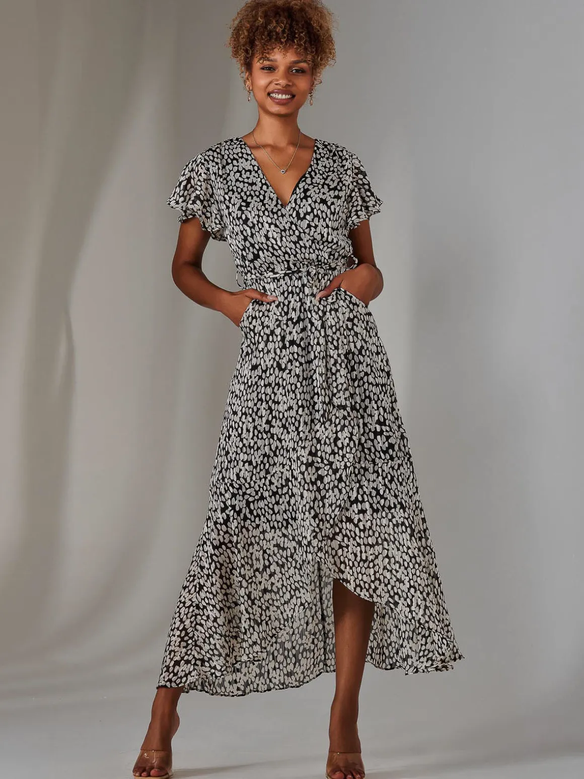 Chiffon Print Frill Dip Hem Maxi Dress, Black Spot