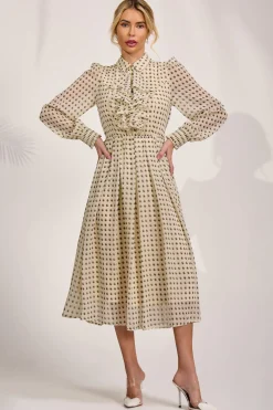 Chiffon Print Ruffled Shirt Dress, Beige Paisley