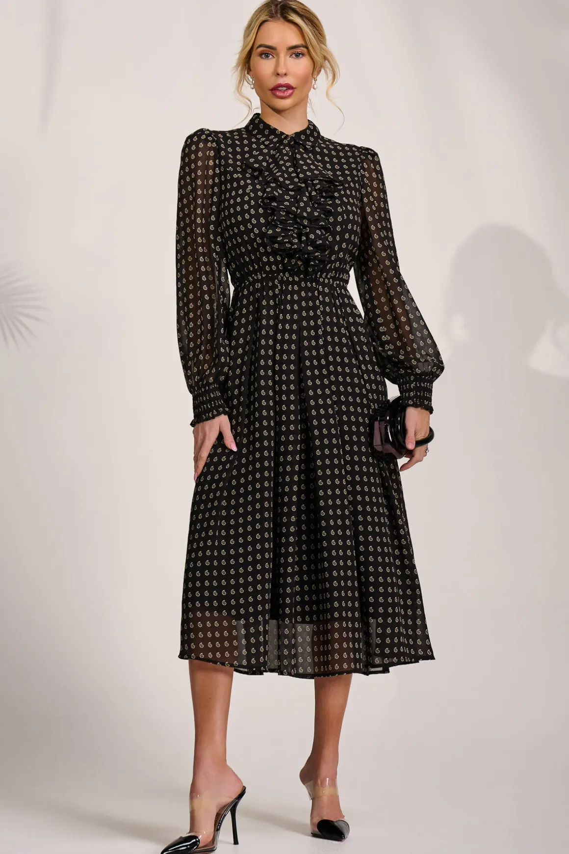 Chiffon Print Ruffled Shirt Dress, Black Paisley