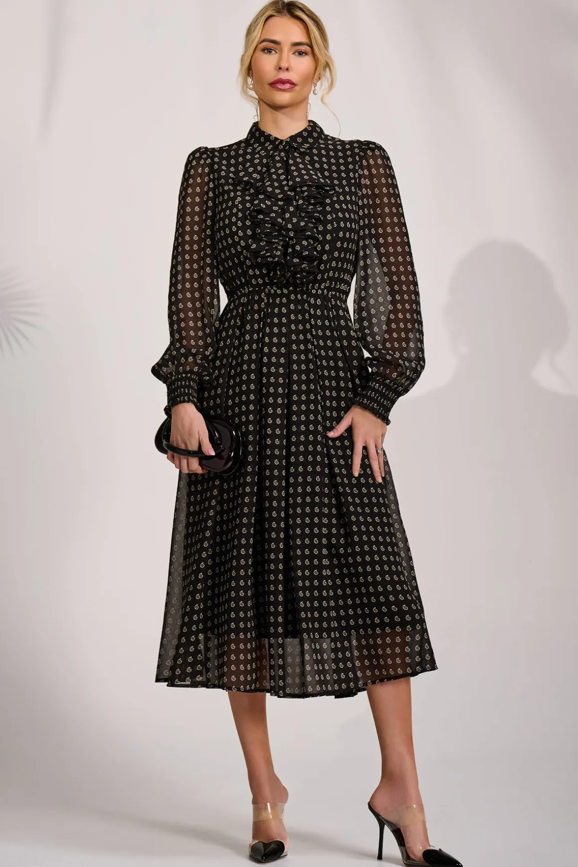 Chiffon Print Ruffled Shirt Dress, Black Paisley