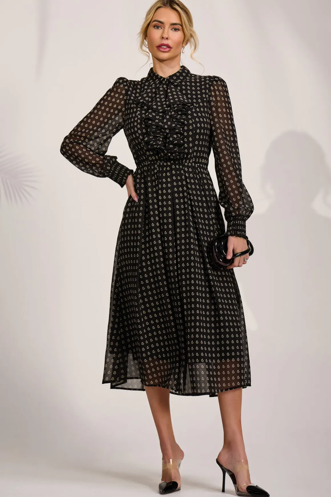 Chiffon Print Ruffled Shirt Dress, Black Paisley