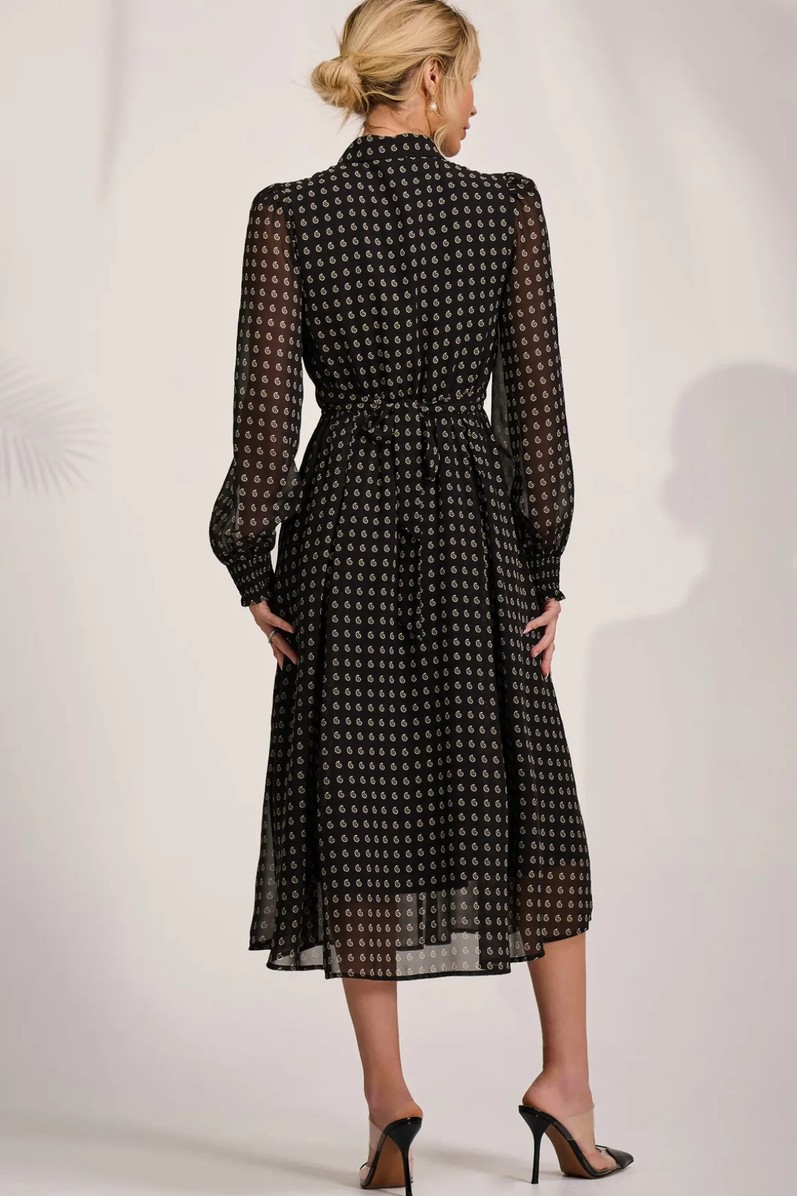 Chiffon Print Ruffled Shirt Dress, Black Paisley
