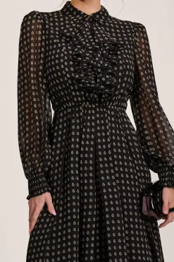 Chiffon Print Ruffled Shirt Dress, Black Paisley