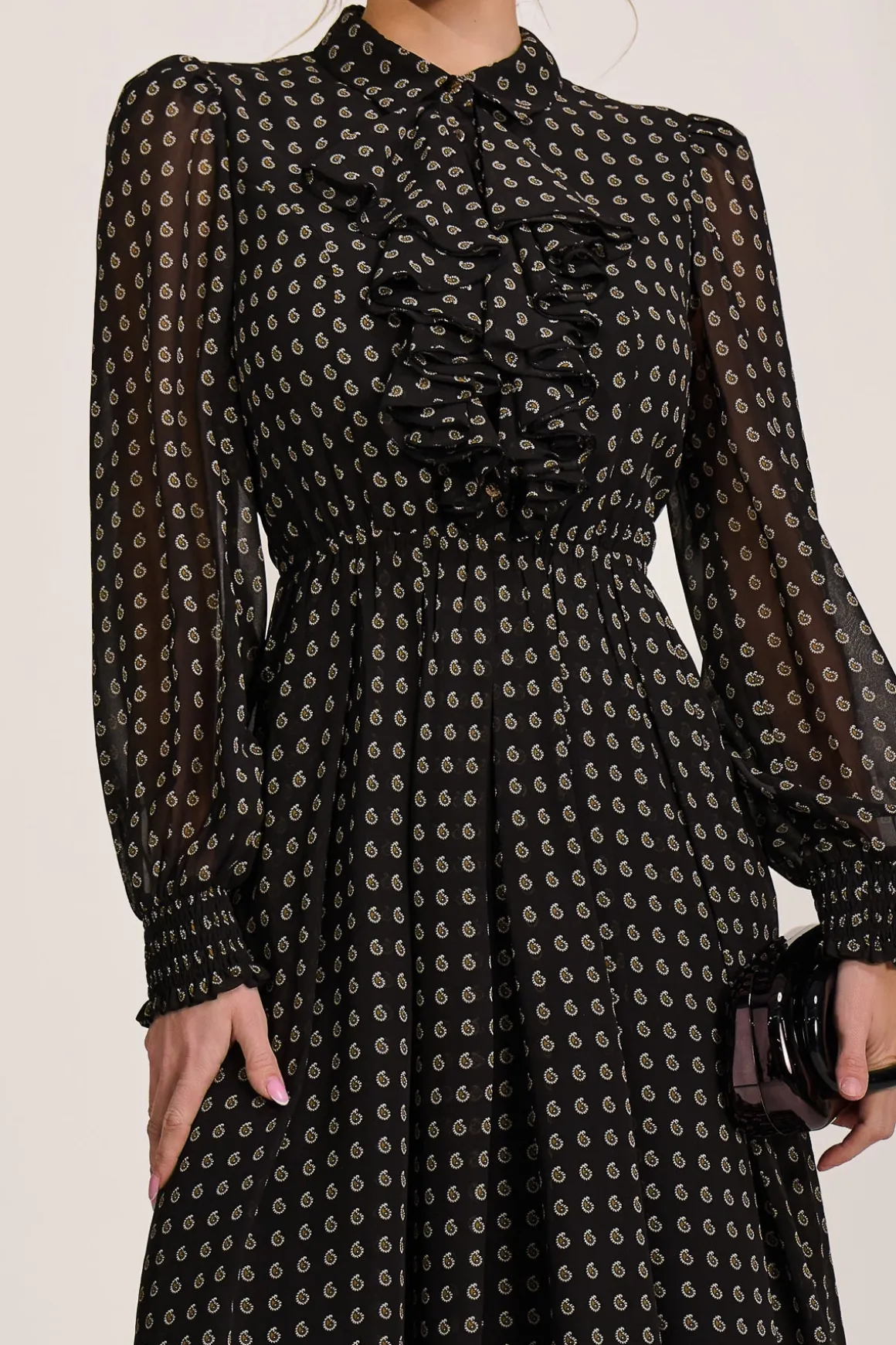Chiffon Print Ruffled Shirt Dress, Black Paisley