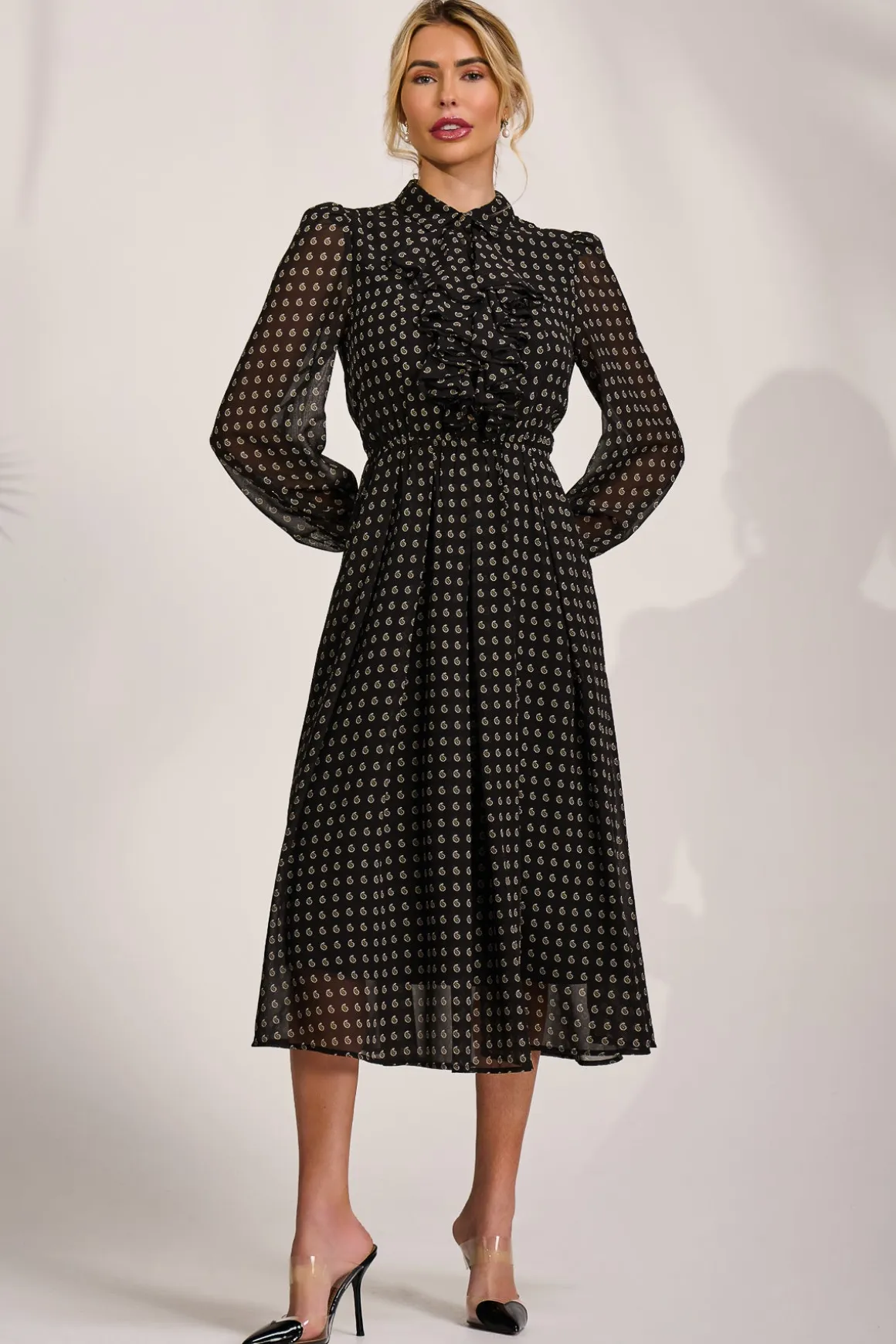 Chiffon Print Ruffled Shirt Dress, Black Paisley