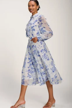 Chiffon Print Ruffled Shirt Dress, White Floral