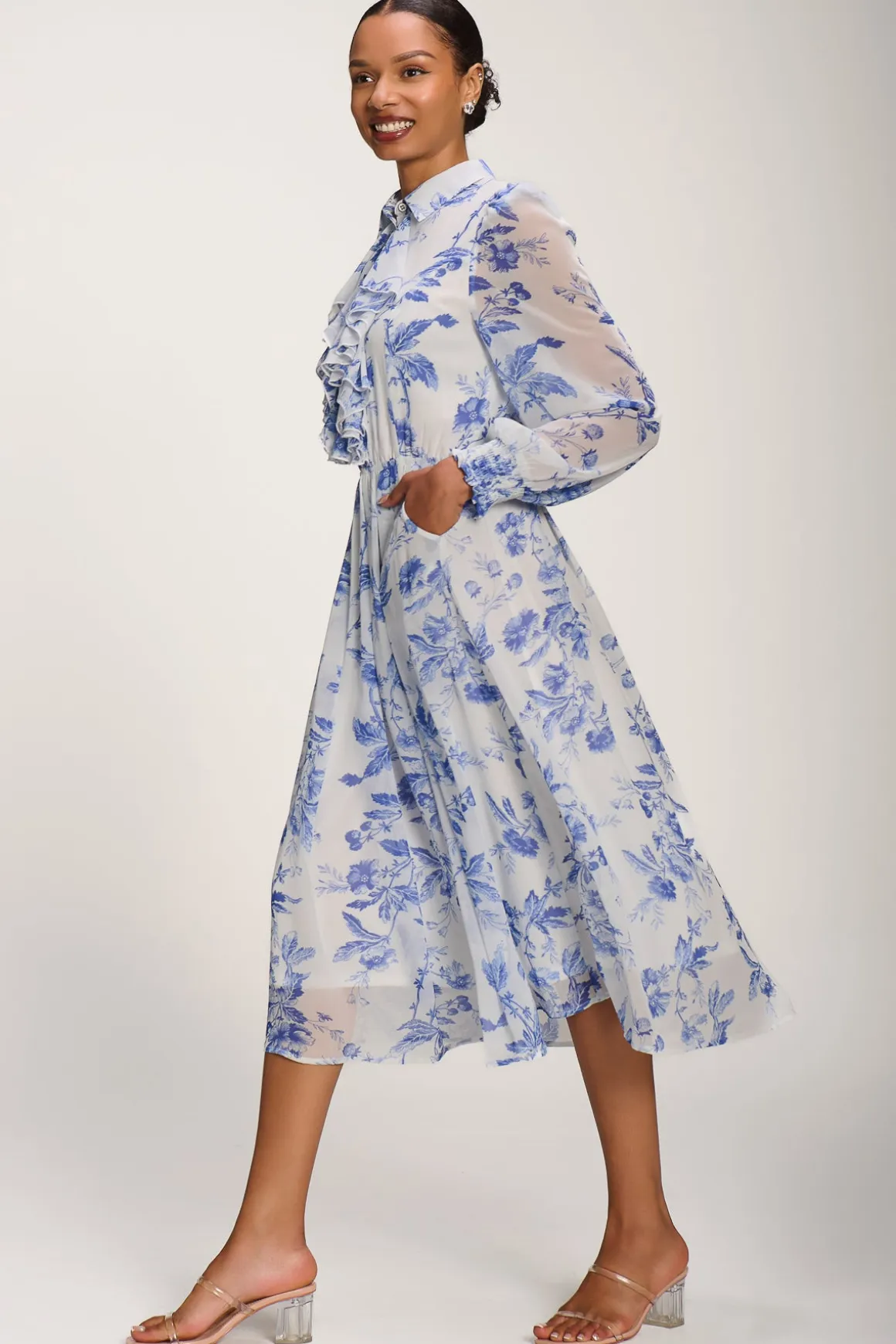 Chiffon Print Ruffled Shirt Dress, White Floral