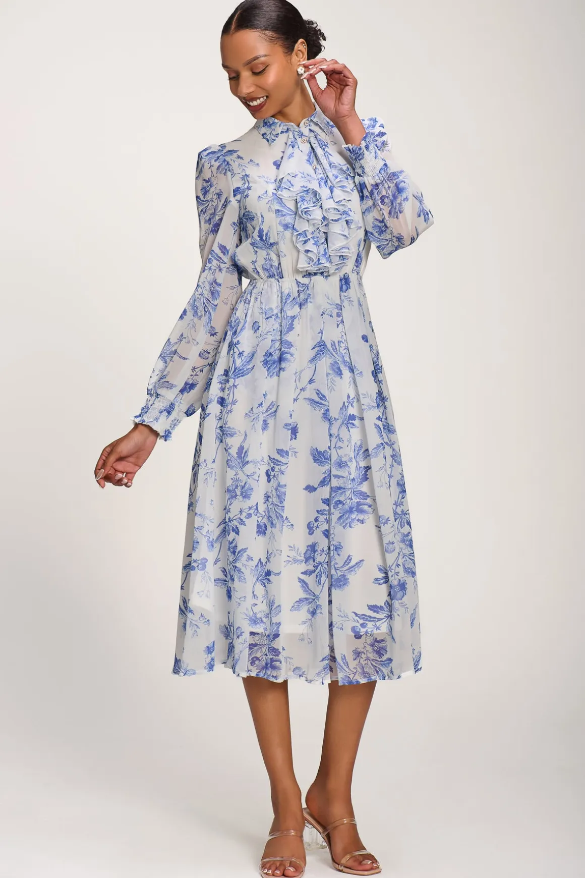 Chiffon Print Ruffled Shirt Dress, White Floral