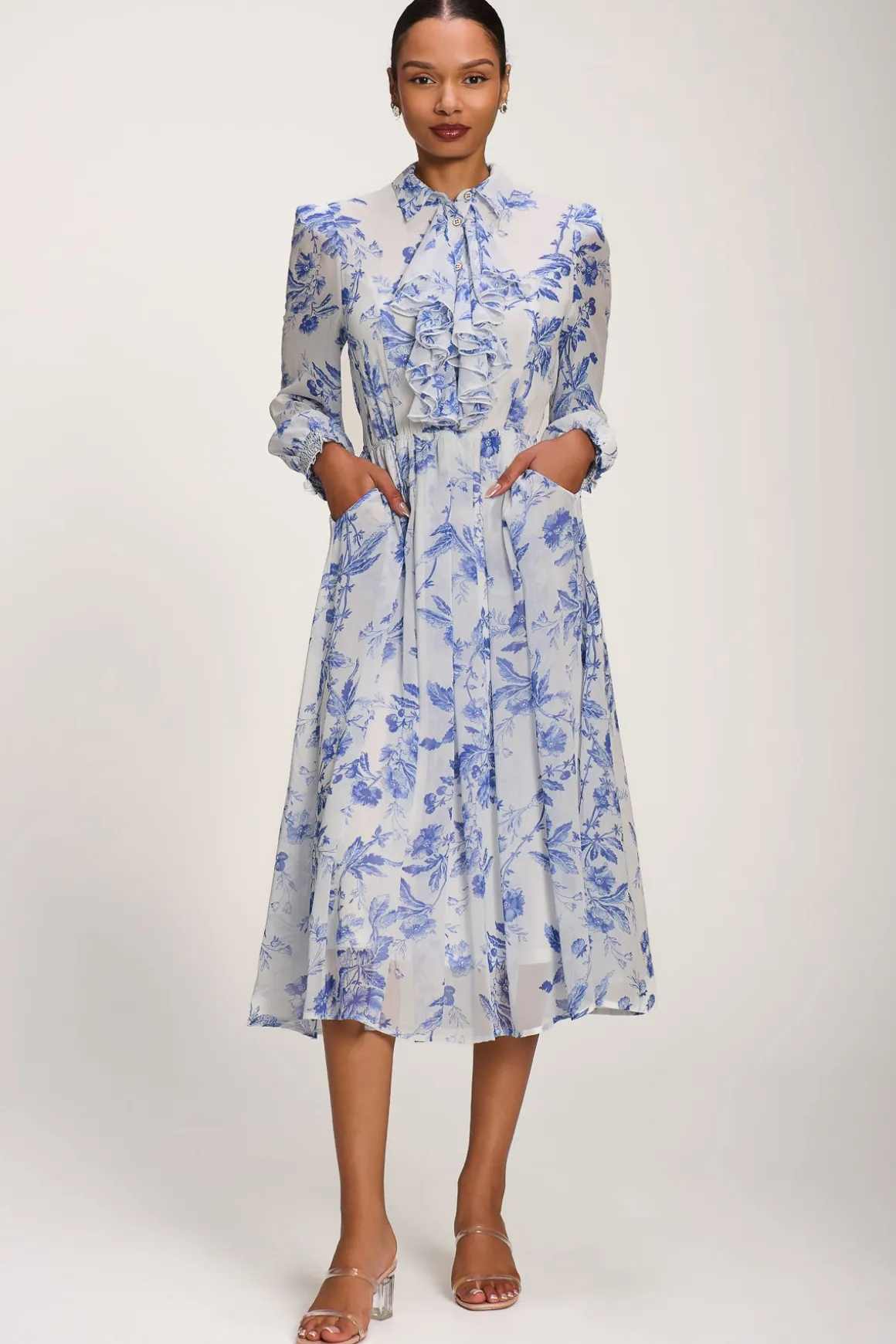 Chiffon Print Ruffled Shirt Dress, White Floral