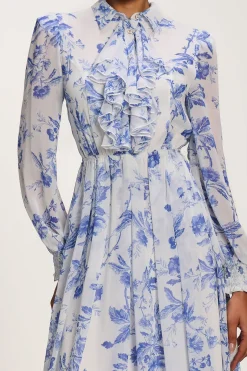 Chiffon Print Ruffled Shirt Dress, White Floral
