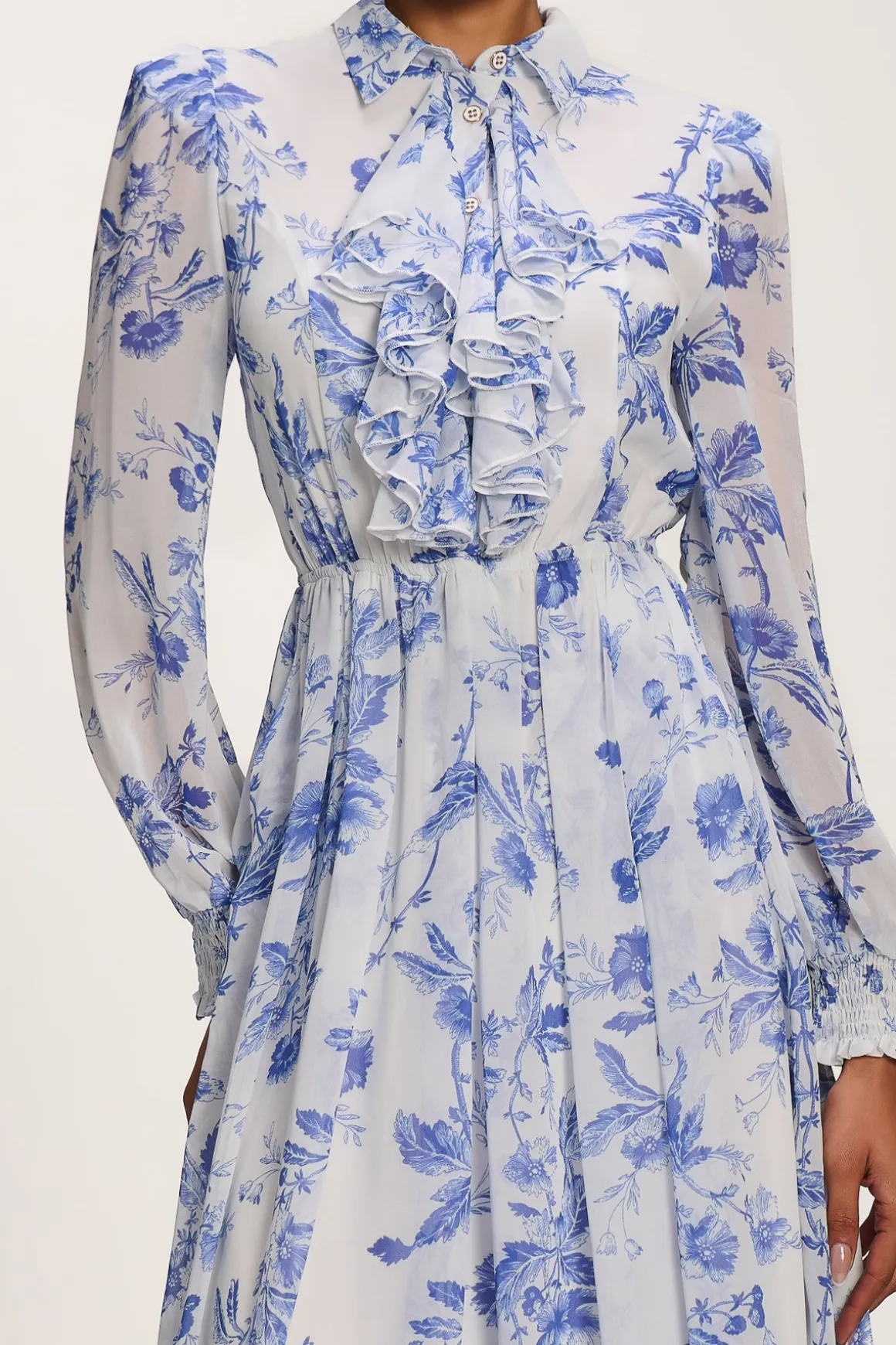 Chiffon Print Ruffled Shirt Dress, White Floral
