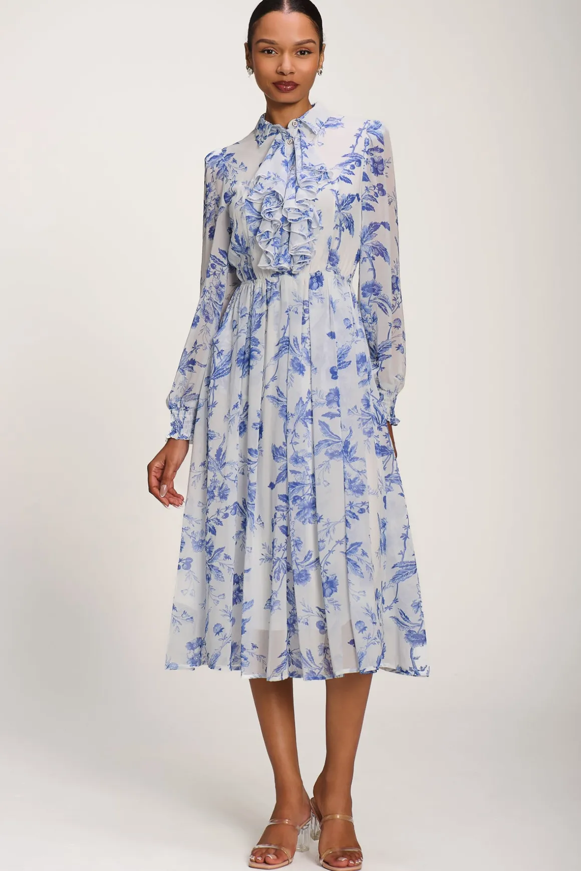 Chiffon Print Ruffled Shirt Dress, White Floral