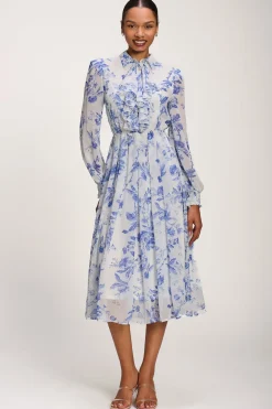 Chiffon Print Ruffled Shirt Dress, White Floral