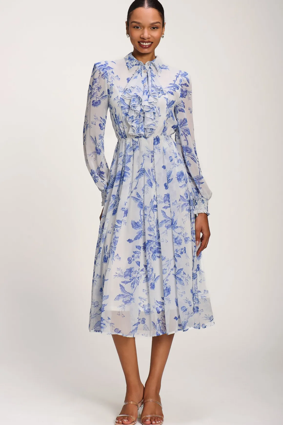 Chiffon Print Ruffled Shirt Dress, White Floral