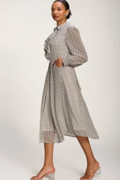 Chiffon Ruffle Long Sleeve Shirt Dress, White Geo