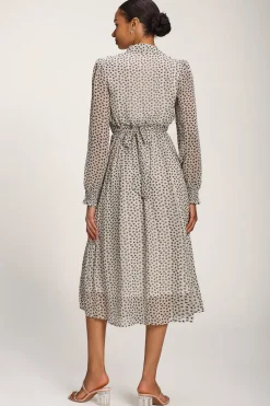 Chiffon Ruffle Long Sleeve Shirt Dress, White Geo