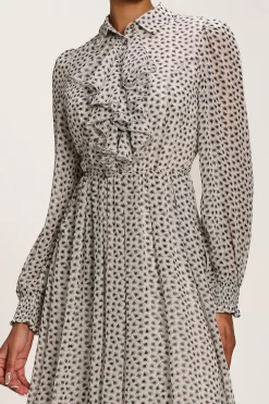Chiffon Ruffle Long Sleeve Shirt Dress, White Geo