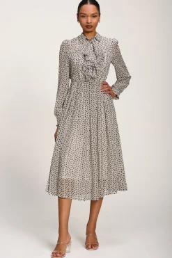 Chiffon Ruffle Long Sleeve Shirt Dress, White Geo