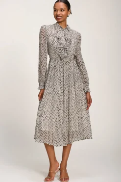 Chiffon Ruffle Long Sleeve Shirt Dress, White Geo