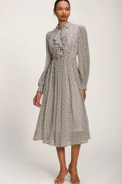 Chiffon Ruffle Long Sleeve Shirt Dress, White Geo