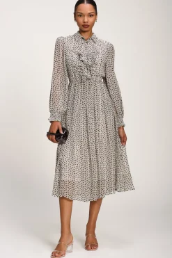 Chiffon Ruffle Long Sleeve Shirt Dress, White Geo