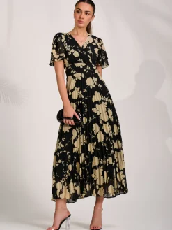 Chiffon Ruffle Sleeve Pleated Maxi Dress, Black Floral