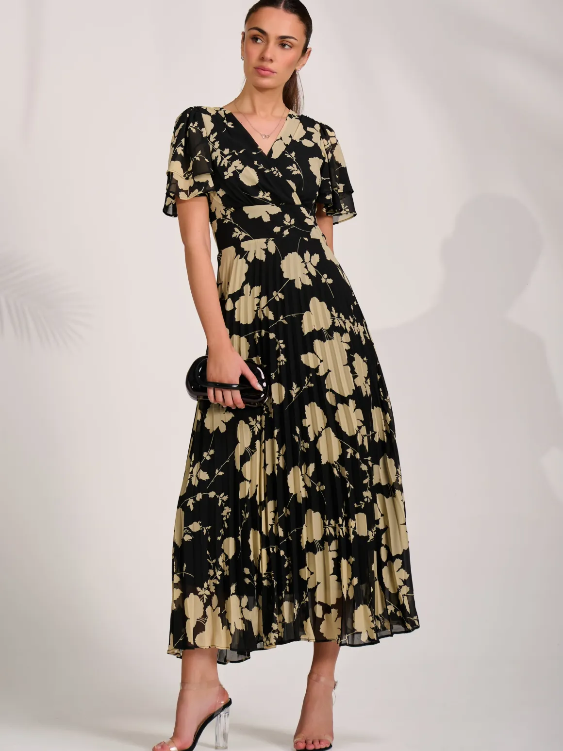 Chiffon Ruffle Sleeve Pleated Maxi Dress, Black Floral
