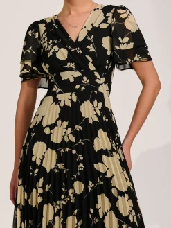 Chiffon Ruffle Sleeve Pleated Maxi Dress, Black Floral